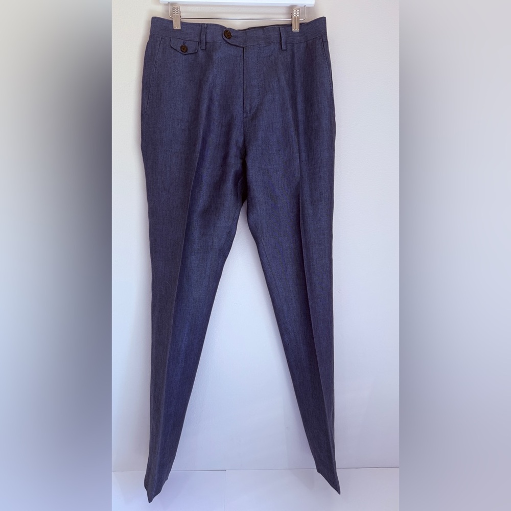 NWOT BANANA REPUBLIC MENS TAILORED SLIM FIT 💯LINEN PANTS CROSS BLUE HERRINGBONE